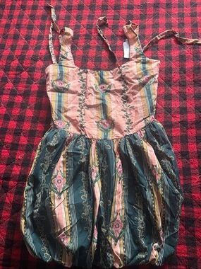 Free People Pink and Green Floral Striped Mini Dress